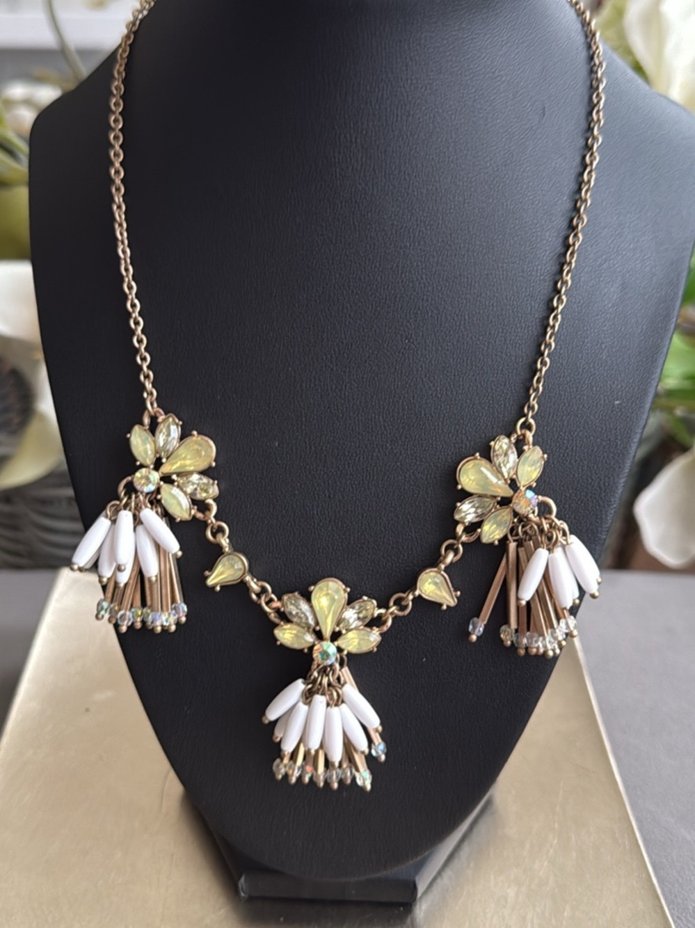 Vintage Gold-Tone Floral Statement Necklace Pale Yellow and White Accents